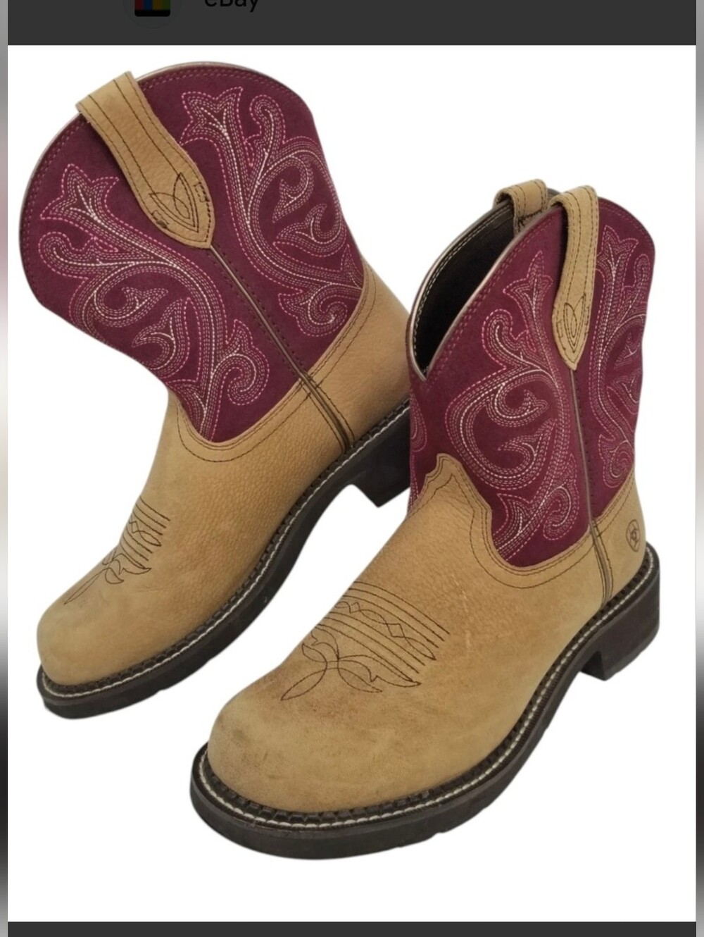 Ariat Tan Leather Burgundy Embroidered Shaft Western Boots Size 9 Country Chic